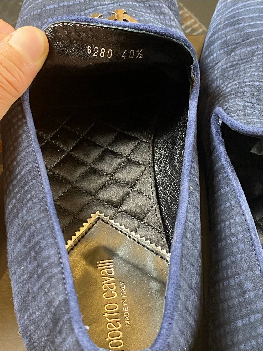 Roberto Cavalli Navy Textured Velvet Slip-On Loafers with Metallic Crest.
